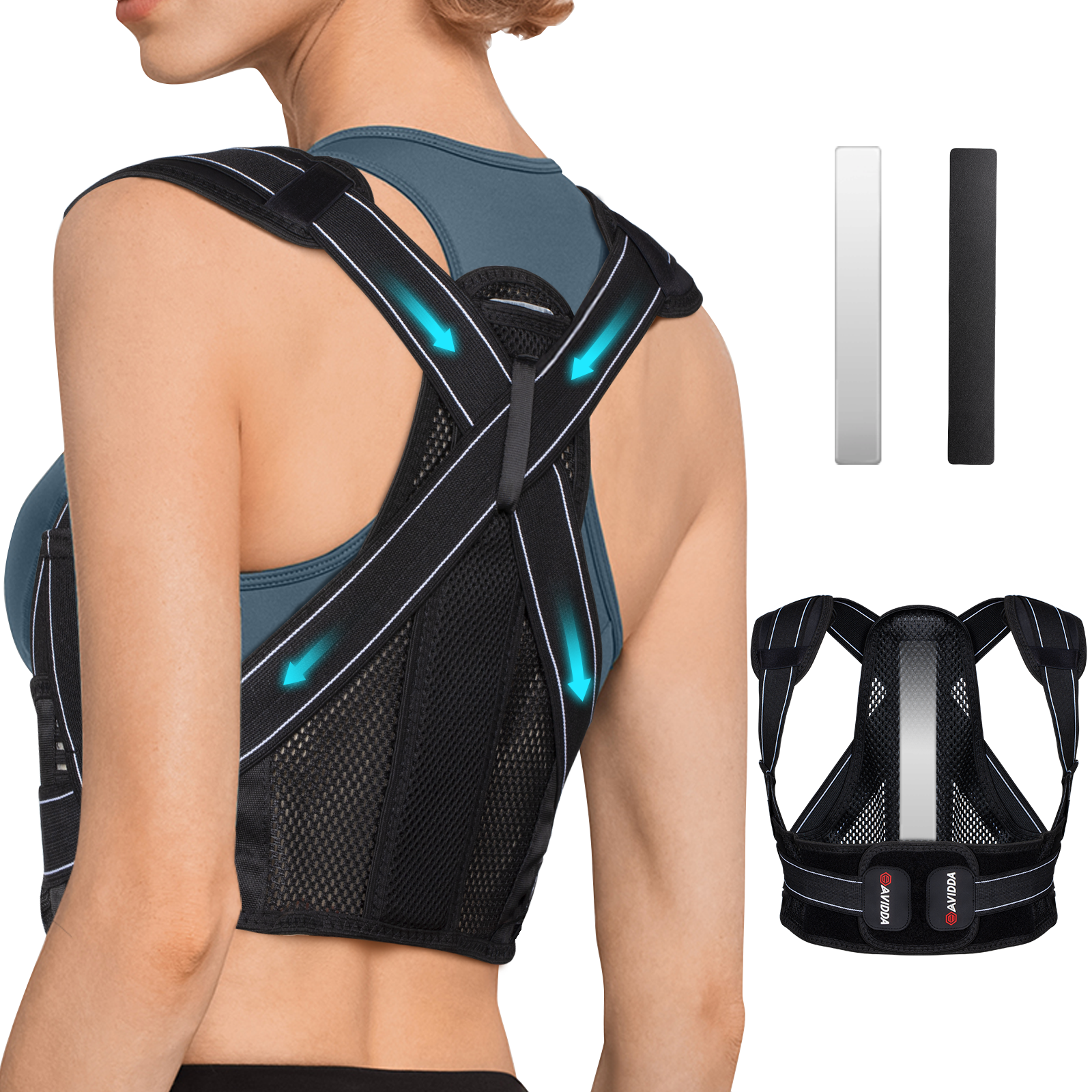 AVIDDA Posture Corrector for Men Women, Back Brace with Replaceable Support Plate, Breathable and Adjustable Back Support Providing Pain Relief from Back, Neck & Shoulder