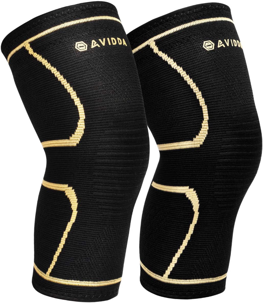 AVIDDA Knee Support Brace 2 Pack - Compression Knee Sleeves for Arthritis, Joint Pain, Ligament Injury, Meniscus Tear, ACL, MCL, Tendonitis, Running, Squats, Sports Black Gold XL-Large