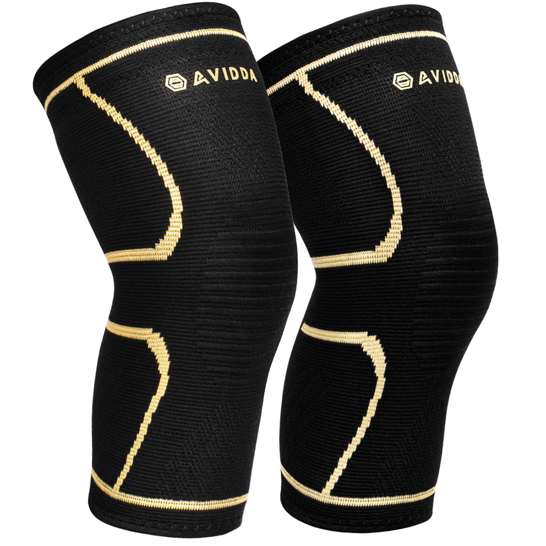 AVIDDA Knee Support Brace 2 Pack - Compression Knee Sleeves for Arthritis, Joint Pain, Ligament Injury, Meniscus Tear, ACL, MCL, Tendonitis, Running, Squats, Sports (Black Gold, S)